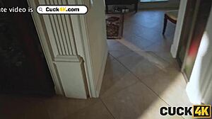 cuckold husband watches shaved hotwife milk monster cock in stockings