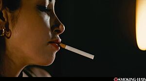 hey wanna watch this french brunette with huge fake tits smoke and masturbate dirty talk cowgirl tease?