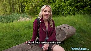 Finnish blonde babe deepthroats big dick outdoors in public agent pov