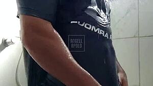 a masked tattooed guy showers solo, plays with his toy till he explodes 😏🚿💦