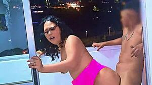 latina whore slurps cock balcony blowjob medellin cars zoom by during wild public fuck