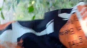 Ebony beauty cums hairy in garage bushes