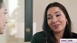 Avery Black licks Karlee Grey's shaved pussy to thank her rescuer