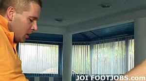 Girlfriend gives footjob in panties while sucking toes