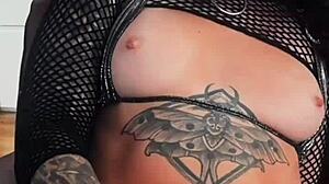 Tattooed skinny teen slut rides monster cock rough in latex pov cowgirl creampie