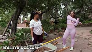 Curvy brunette Tommy King squirts wildly as neighbor drills tight ass