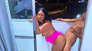 latina whore slurps cock balcony blowjob medellin cars zoom by during wild public fuck