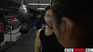 Cuck hubby eyes his wife riding the gym trainer's cock doggystyle while he watches