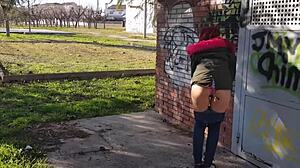 Teen squirts wildly flashing in public park outdoors