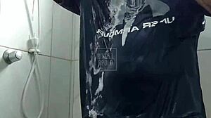 a masked tattooed guy showers solo, plays with his toy till he explodes 😏🚿💦