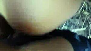 Ebony beauty cums hairy in garage bushes