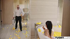 Vanessa Sky's bratty tiny ass gaps wide taking huge cock deep oiled missionary ride