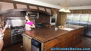 two homemade teen lesbians finger pussies and lick in kitchen pov