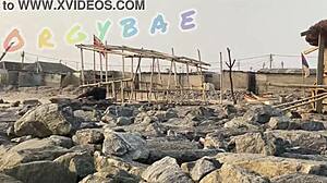 Thrilling couple flashes thongs publicly at bar then beach voyeur play.