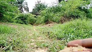 Forest Lady Ebony Ass Oiled for Outdoor Blowbang Cumshot