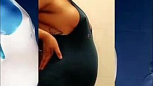 Pregnant spanish housewife flashes horny natural tits