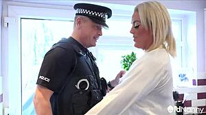 agedlove's huge police cock inspects milf's shaved blonde pussy up close