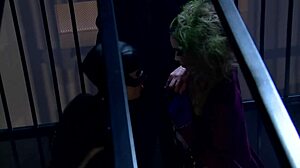 Katwoman Jennifer Dark prowls prison cage for bisexual 3way blowjobs cumshots