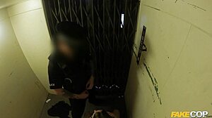 Leggy British Blonde's Long Legs Spread for Policeman's Big Cock Elevator Fuck in Fishnets