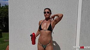 bikini pool tease leads to bent over doggystyle creampie cumshot