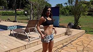 bikini pool tease leads to bent over doggystyle creampie cumshot