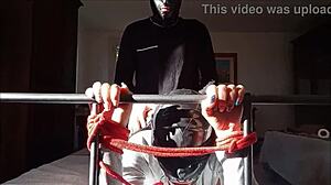 laura's sexy milf ass and tits bounce in bondage heels with cumshot finish