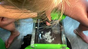 Mature Milf Delivers Sensual Handjob Cumshot in Aquarium Gloves