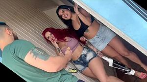 Delivery guy fucks horny argentina and brazilian in rough threesome gagging