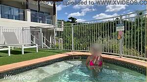 wife dares to flash big tits at hotel pool