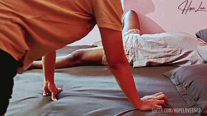 young latina couple sneaks tight pussy ride and creampie in bed