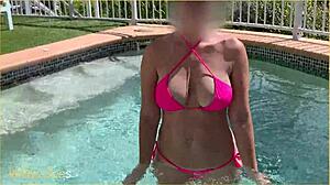 wife dares to flash big tits at hotel pool