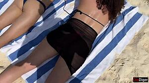 stepmom and stepdaughter flash risky public beach cum facials