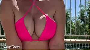 wife dares to flash big tits at hotel pool