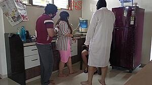 Suck it deeper, hot indian maid and malkin get double teamed in kitchen foursome!