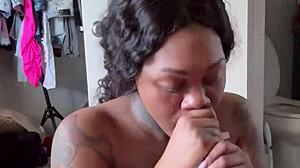 Sloppy ebony ball licking blowjob facial starts his day right!!