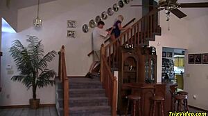 step mommy lesbian licks babysitter shaved pussy close up in threesome roleplay