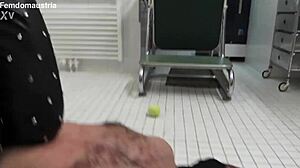 alice tramples masked slave joe on tennis balls under her feet