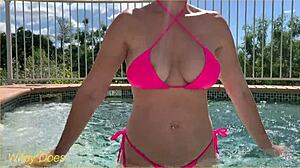 wife dares to flash big tits at hotel pool