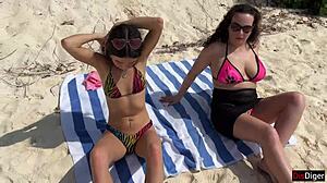 stepmom and stepdaughter flash risky public beach cum facials