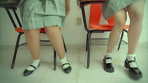 skinny college girlfriends experiment first time amateur threesome in living room