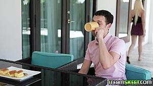 blonde teen nikki sweet deepthroats licks tits ass in bathroom handjob fun