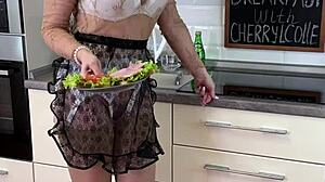 cherry lcolle serves breakfast in stockings lingerie and see-through outfits with curvy big tits and ass