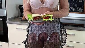 cherry lcolle serves breakfast in stockings lingerie and see-through outfits with curvy big tits and ass