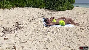 stepmom and stepdaughter flash risky public beach cum facials