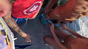 three horny friends gangbang cute skinny stranger outdoors in park