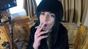 Milfycalla deepthroats cumshot facial in fur coat shiny boots heels close-up!