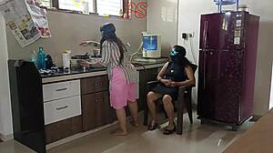 Suck it deeper, hot indian maid and malkin get double teamed in kitchen foursome!