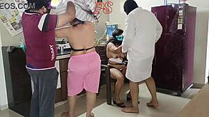 Suck it deeper, hot indian maid and malkin get double teamed in kitchen foursome!