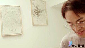 sexy taiwanese brunette jiu jiu fingers wet shaved pussy rides cock doggystyle in threesome