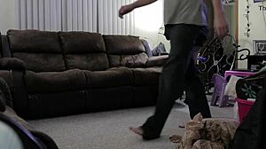 chubby mom tidies house in tight shorts